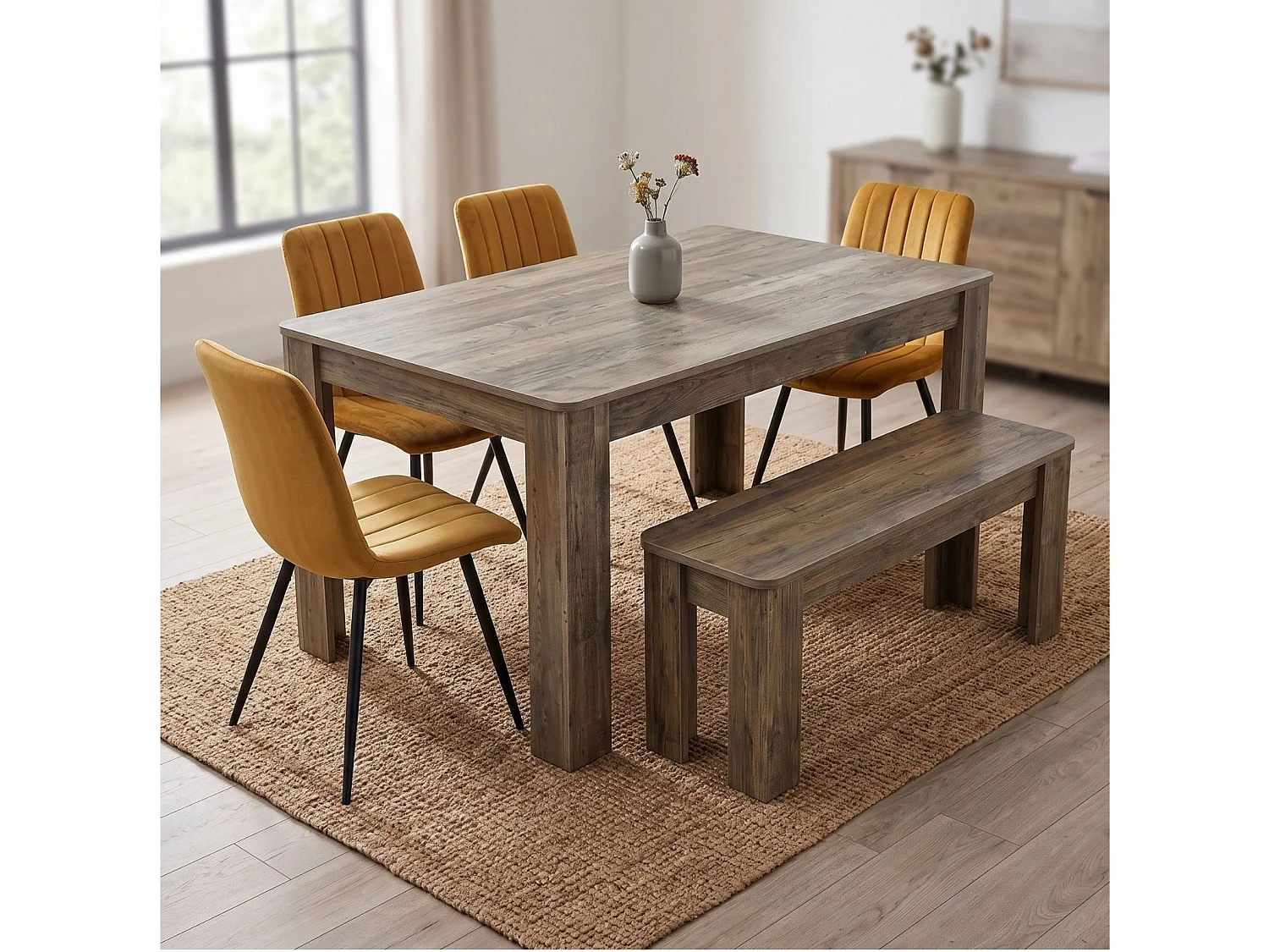 Rustic Dining Table Set with 4 Brown Velvet Chairs and Rustic Bench 6 Seater Kitchen Furniture
