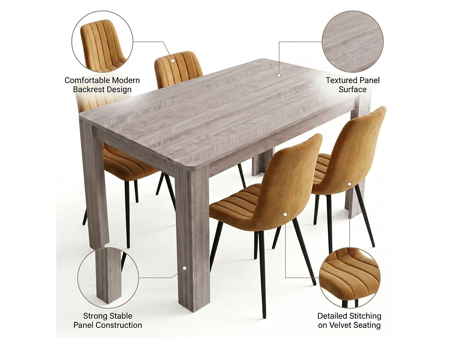 Rustic Dining Table Set with 4 Brown Velvet Chairs and Rustic Bench 6 Seater Kitchen Furniture