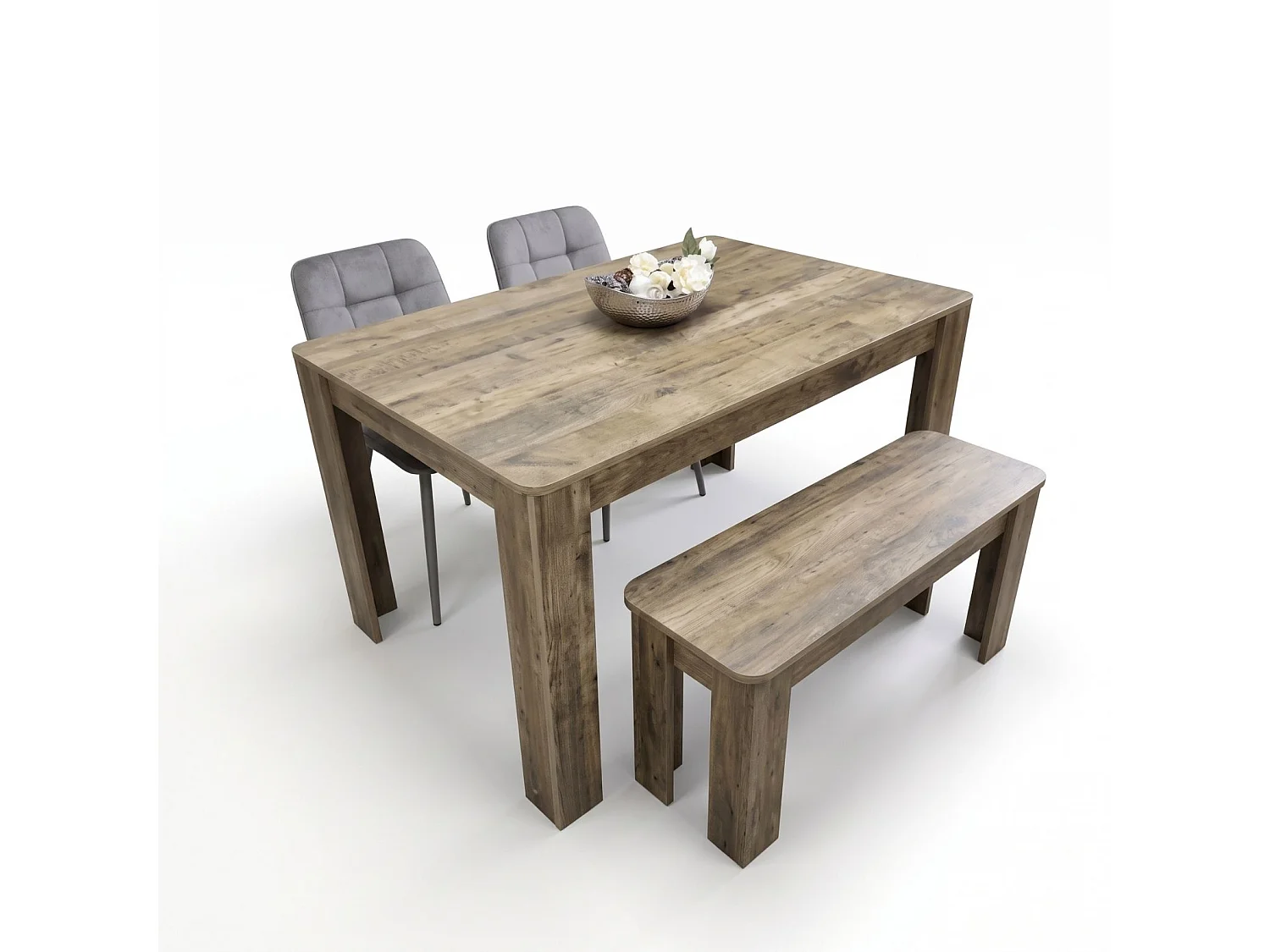 Dining Set with Rustic Wood Effect Table, 2 Grey Nova Velvet Chairs and Rustic Bench 4 Seater