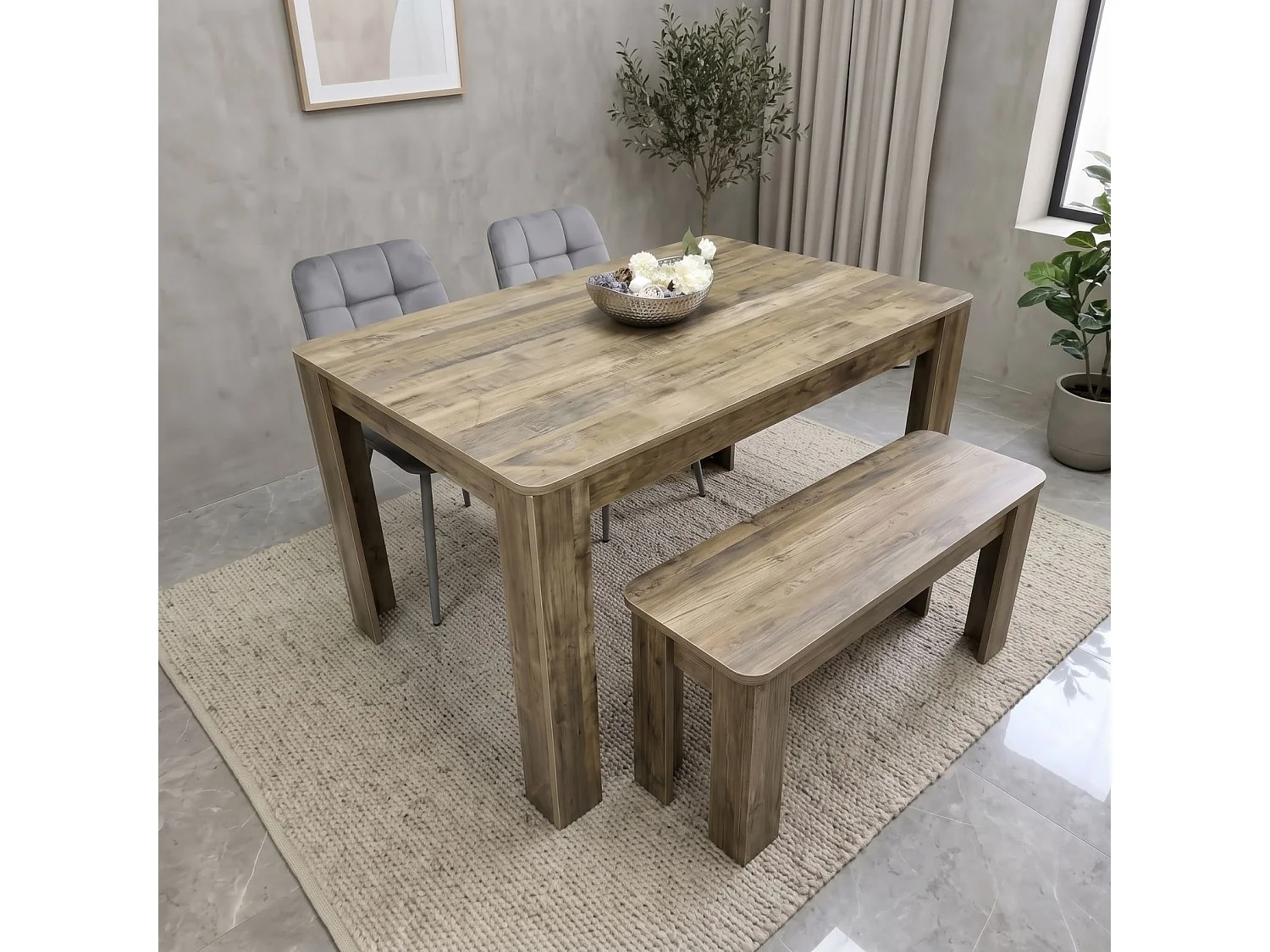 Dining Set with Rustic Wood Effect Table, 2 Grey Nova Velvet Chairs and Rustic Bench 4 Seater