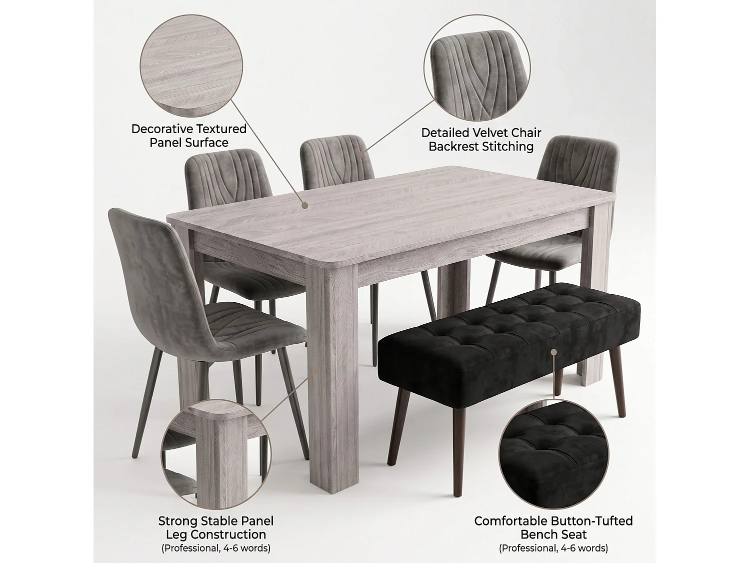 Dining Set with Rustic Wood Effect Table, 2 Grey Nova Velvet Chairs and Rustic Bench 4 Seater