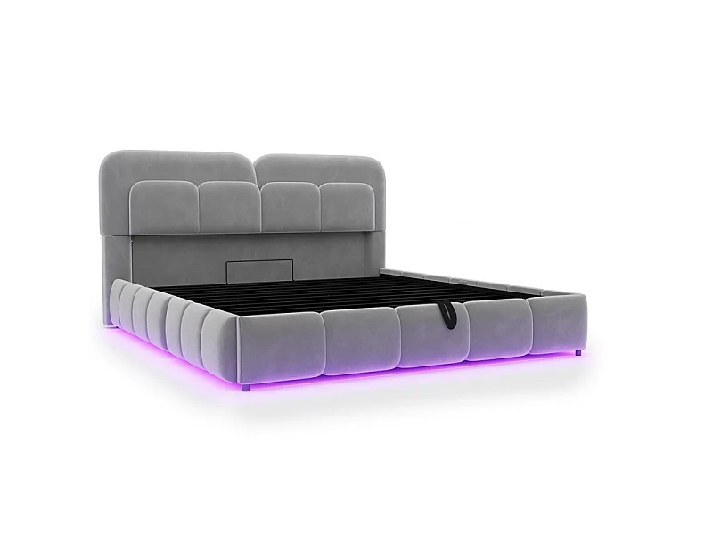 Letto contenitore 140x200cm imbottito in velluto, con LED e testiera, Grigio