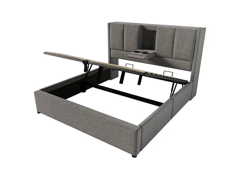 Sengkiste med natbord - 140x200cm - i hør - med 2 kopholdere, USB og Type-C - Grå