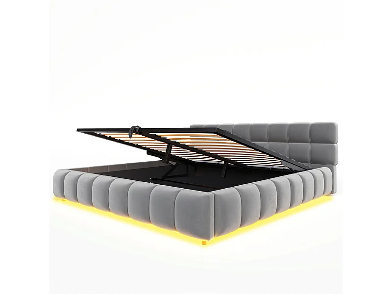 Sengkiste 180x200cm polstret i fløjl, med LED og hovedgærde, Grå