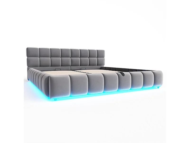 Sengkiste 180x200cm polstret i fløjl, med LED og hovedgærde, Grå