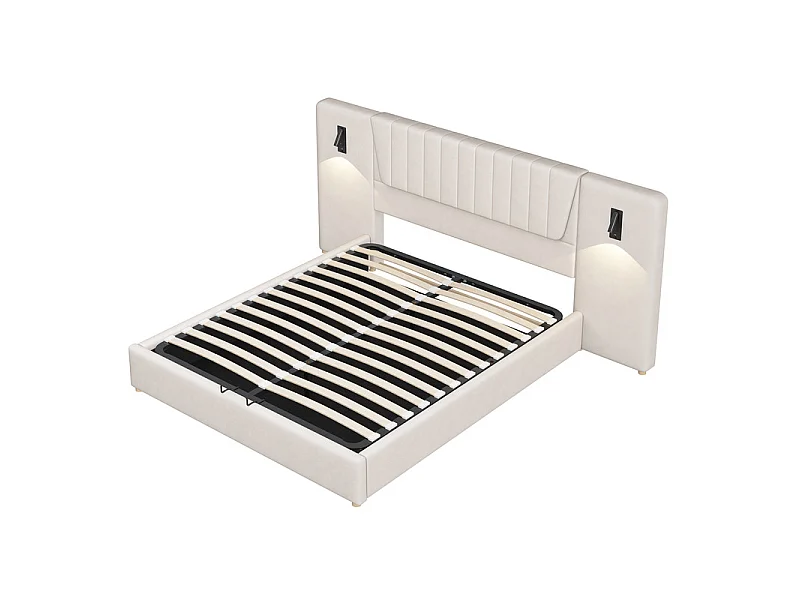 Sengkiste 180x200cm i fløjl - med USB og drejelig læselampe - Beige