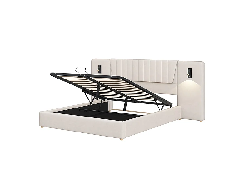 Sengkiste 180x200cm i fløjl - med USB og drejelig læselampe - Beige