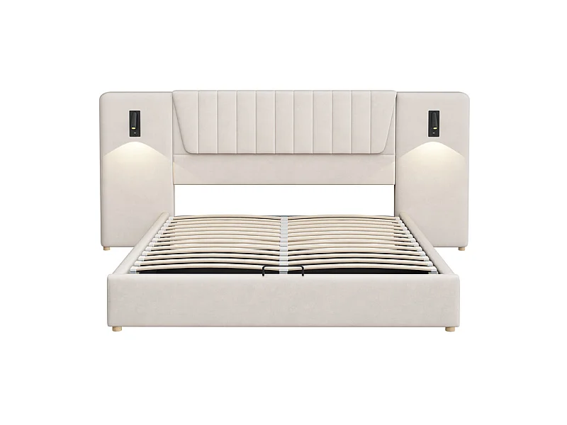 Sengkiste 180x200cm i fløjl - med USB og drejelig læselampe - Beige
