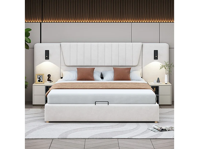 Sengkiste 180x200cm i fløjl - med USB og drejelig læselampe - Beige