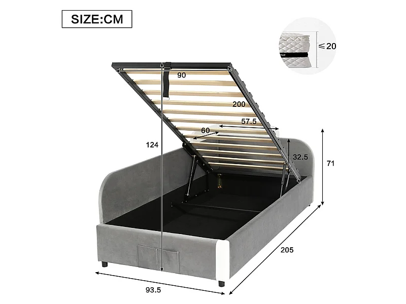 Letto contenitore 90x200cm in velluto - con barriera di sicurezza sinistra - Grigio
