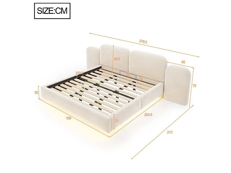 Letto contenitore imbottito 180x200cm in velluto, testiera con LED e USB, Beige