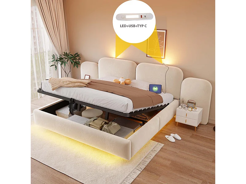 Letto contenitore imbottito 180x200cm in velluto, testiera con LED e USB, Beige