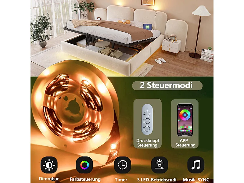 Letto contenitore imbottito 180x200cm in velluto, testiera con LED e USB, Beige