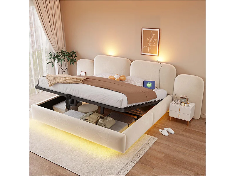 Letto contenitore imbottito 180x200cm in velluto, testiera con LED e USB, Beige