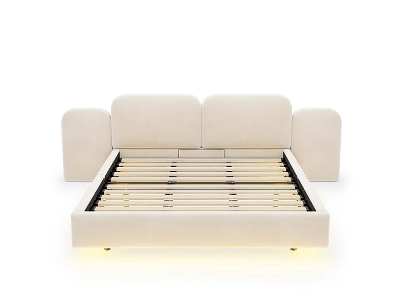 Letto contenitore imbottito 180x200cm in velluto, testiera con LED e USB, Beige