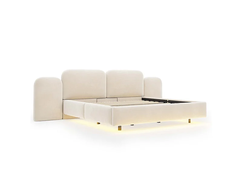Letto contenitore imbottito 180x200cm in velluto, testiera con LED e USB, Beige