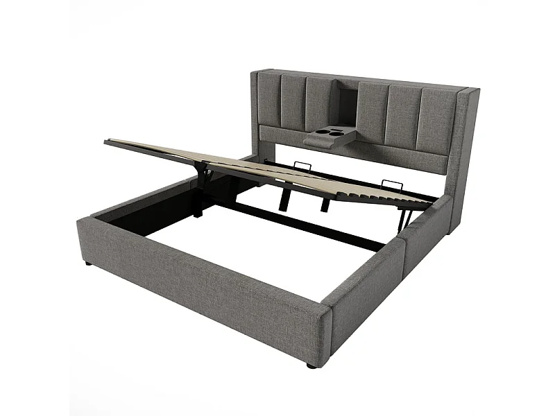 Lit coffre avec chevet - 140 x 190 cm - en lin - avec 2 porte-gobelets, USB et Typ-C - Gris