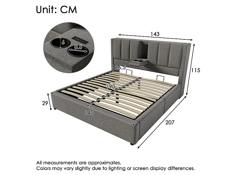 Lit coffre avec chevet - 140 x 190 cm - en lin - avec 2 porte-gobelets, USB et Typ-C - Gris