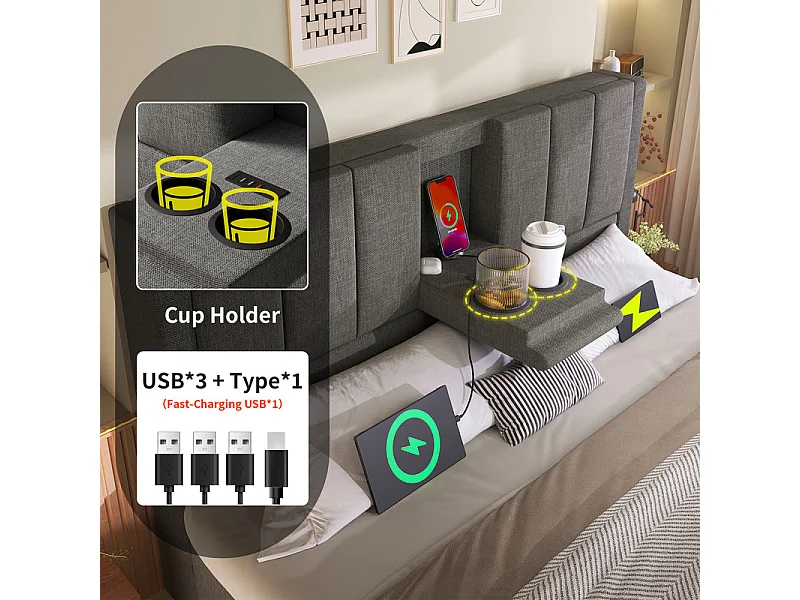 Lit coffre avec chevet - 140 x 190 cm - en lin - avec 2 porte-gobelets, USB et Typ-C - Gris