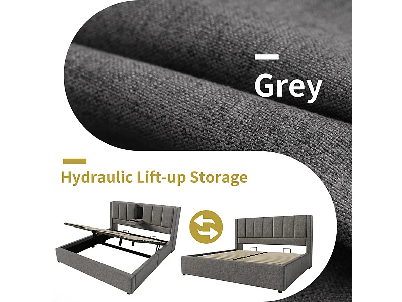 Lit coffre avec chevet - 140 x 190 cm - en lin - avec 2 porte-gobelets, USB et Typ-C - Gris