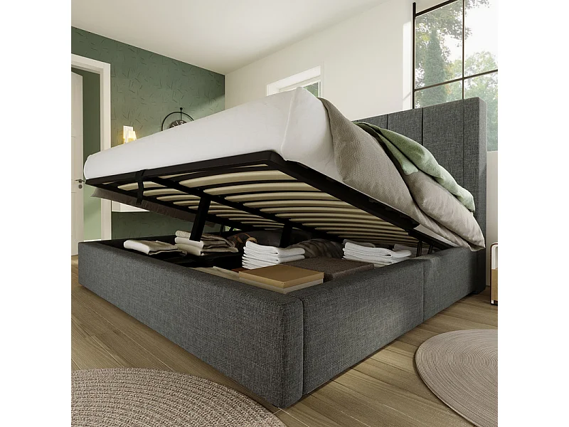 Lit coffre avec chevet - 140 x 190 cm - en lin - avec 2 porte-gobelets, USB et Typ-C - Gris