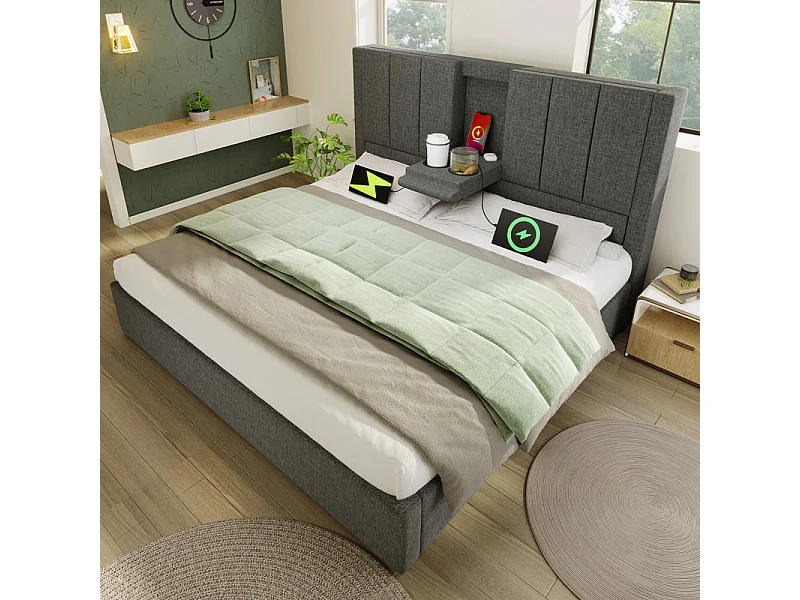 Lit coffre avec chevet - 140 x 190 cm - en lin - avec 2 porte-gobelets, USB et Typ-C - Gris
