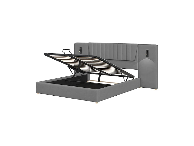 Łóżko skrzyniowe 180x200cm z weluru - z USB i obrotową lampką do czytania - Szary