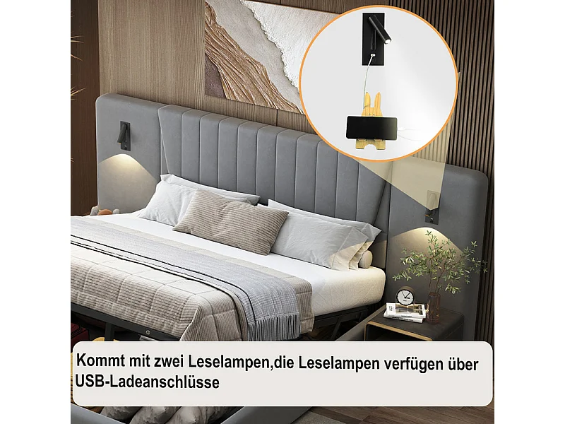 Łóżko skrzyniowe 180x200cm z weluru - z USB i obrotową lampką do czytania - Szary