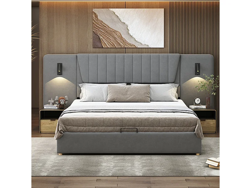 Łóżko skrzyniowe 180x200cm z weluru - z USB i obrotową lampką do czytania - Szary
