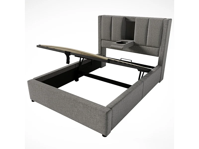 Letto contenitore con materasso - 90x200cm - in lino - con portabicchieri, USB e Type-C - Grigio