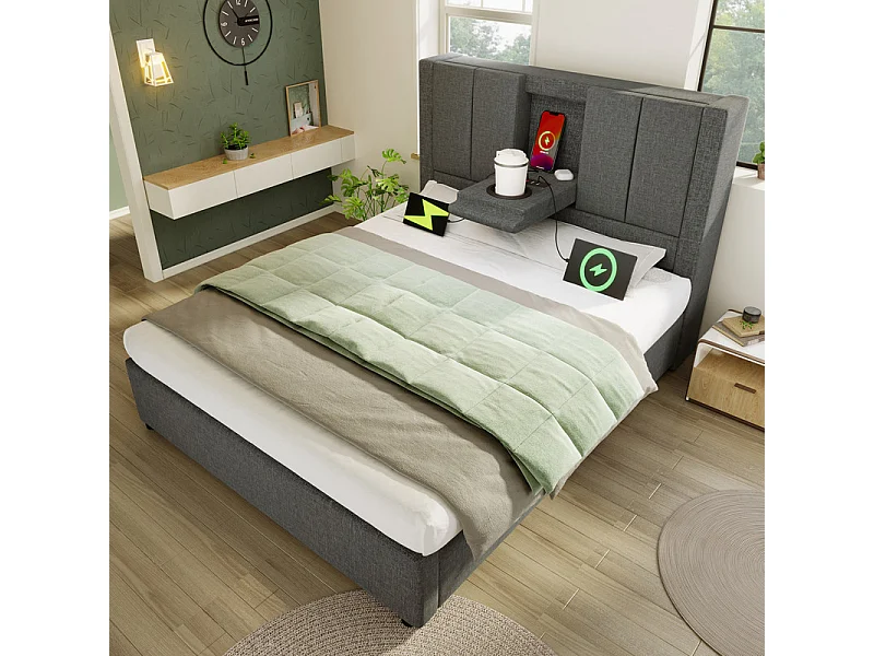 Letto contenitore con materasso - 90x200cm - in lino - con portabicchieri, USB e Type-C - Grigio