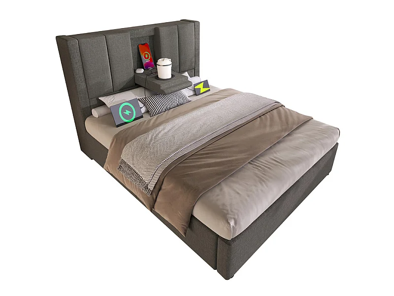 Letto contenitore con materasso - 90x200cm - in lino - con portabicchieri, USB e Type-C - Grigio