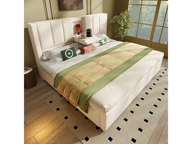 Letto contenitore con comodino - 180x200cm - in lino - con 2 portabicchieri, USB e Type-C - Beige
