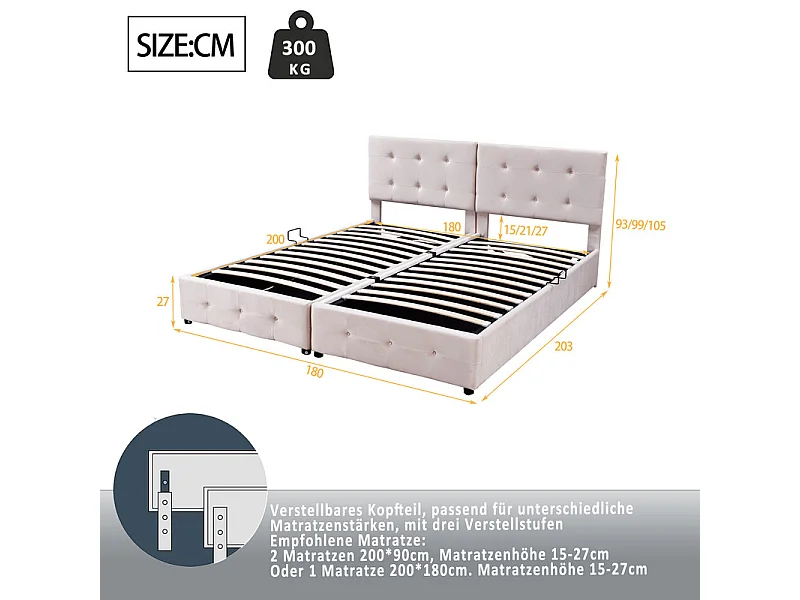 Sengkiste 2 in 1 aus Samt, 180x200cm, mit verstellbarem Kopfteil, Beige