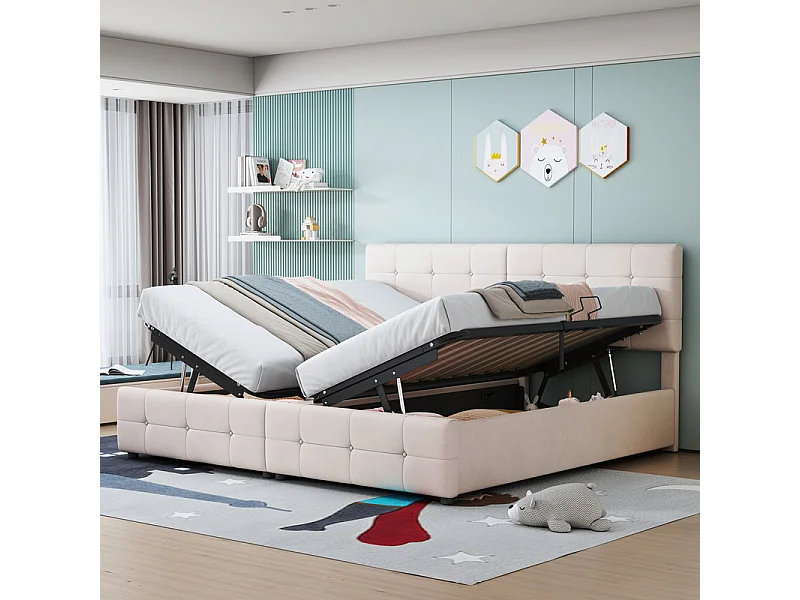Sengkiste 2 in 1 aus Samt, 180x200cm, mit verstellbarem Kopfteil, Beige