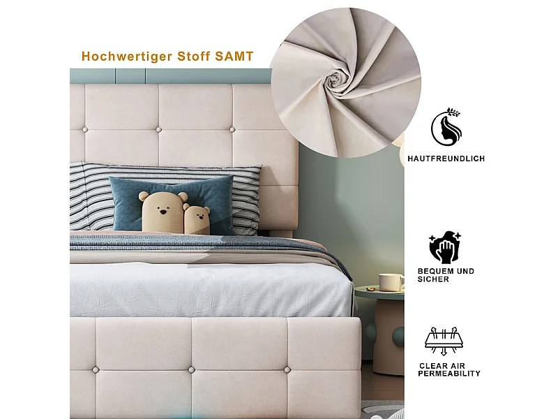 Sengkiste 2 in 1 aus Samt, 180x200cm, mit verstellbarem Kopfteil, Beige