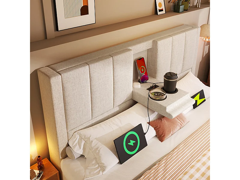 Lit coffre avec chevet - 140 x 190 cm - en lin - avec 2 porte-gobelets, USB et Typ-C - Beige