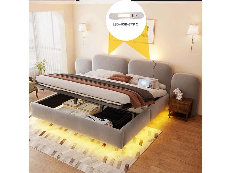 Letto contenitore imbottito 180x200cm in velluto, testiera con LED e USB, Grigio