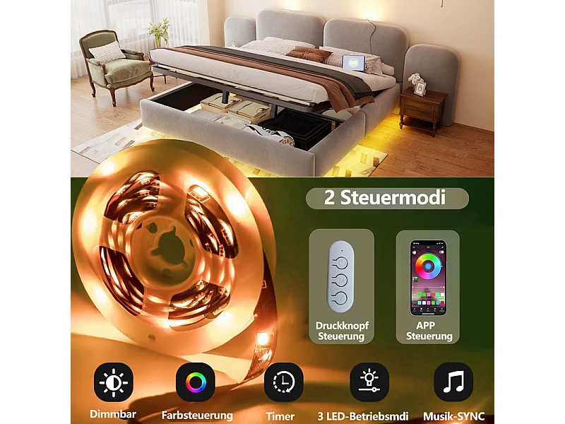 Letto contenitore imbottito 180x200cm in velluto, testiera con LED e USB, Grigio