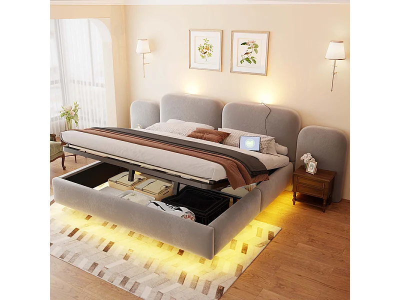 Letto contenitore imbottito 180x200cm in velluto, testiera con LED e USB, Grigio