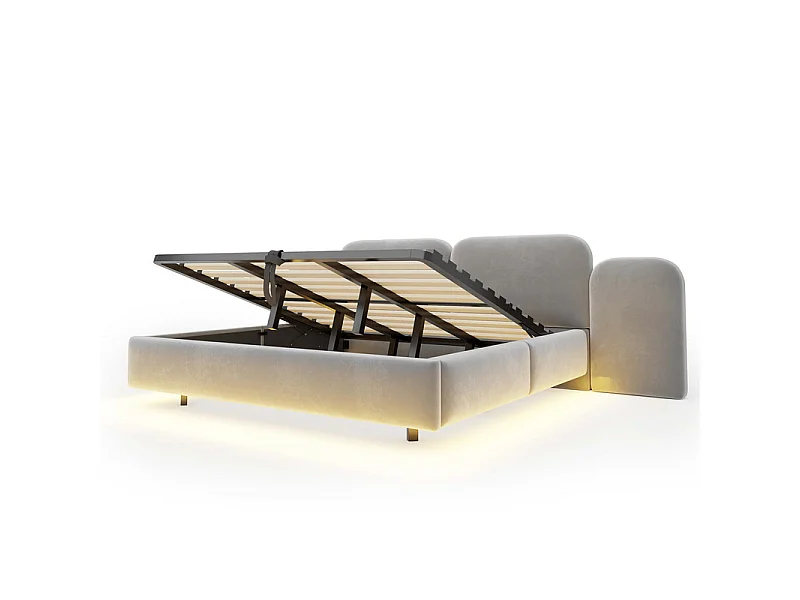 Letto contenitore imbottito 180x200cm in velluto, testiera con LED e USB, Grigio