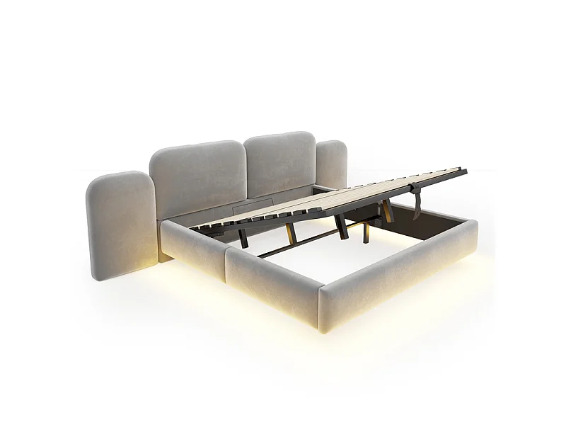 Letto contenitore imbottito 180x200cm in velluto, testiera con LED e USB, Grigio
