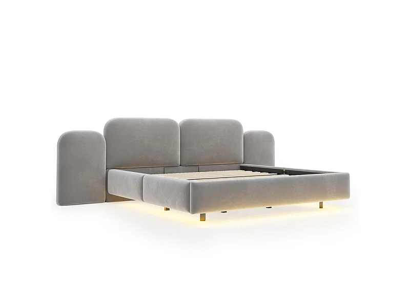 Letto contenitore imbottito 180x200cm in velluto, testiera con LED e USB, Grigio