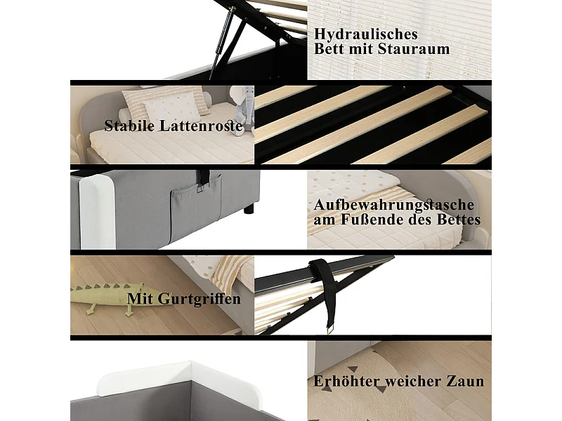 Letto contenitore 90x200cm in velluto - con barriera di sicurezza destra - Grigio
