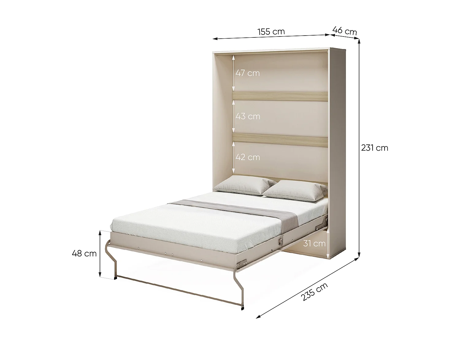 Lit escamotable 140 x 200 cm - Ouverture verticale manuelle – Beige et naturel + Matelas - NILODIA