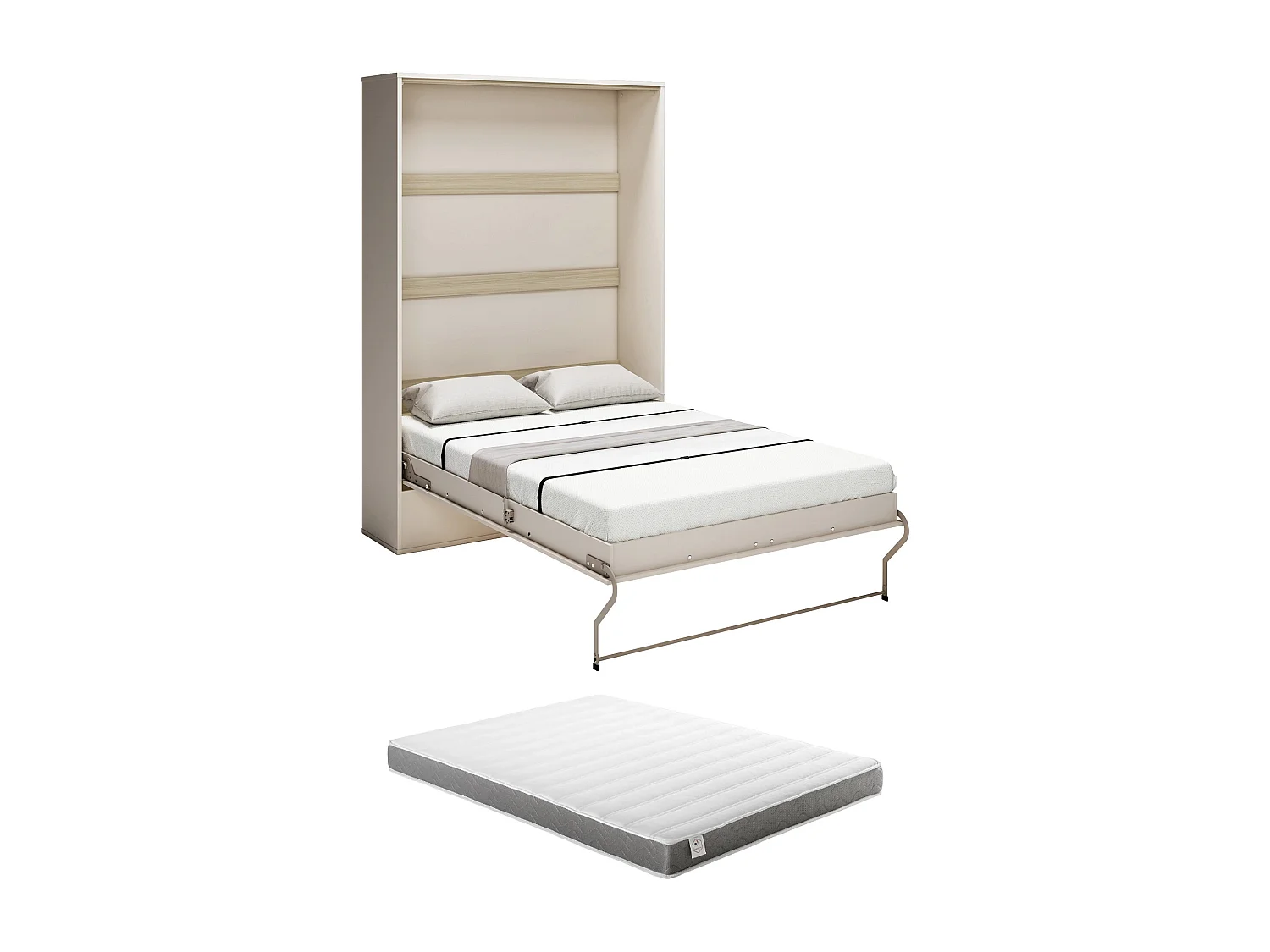 Lit escamotable 140 x 200 cm - Ouverture verticale manuelle – Beige et naturel + Matelas - NILODIA