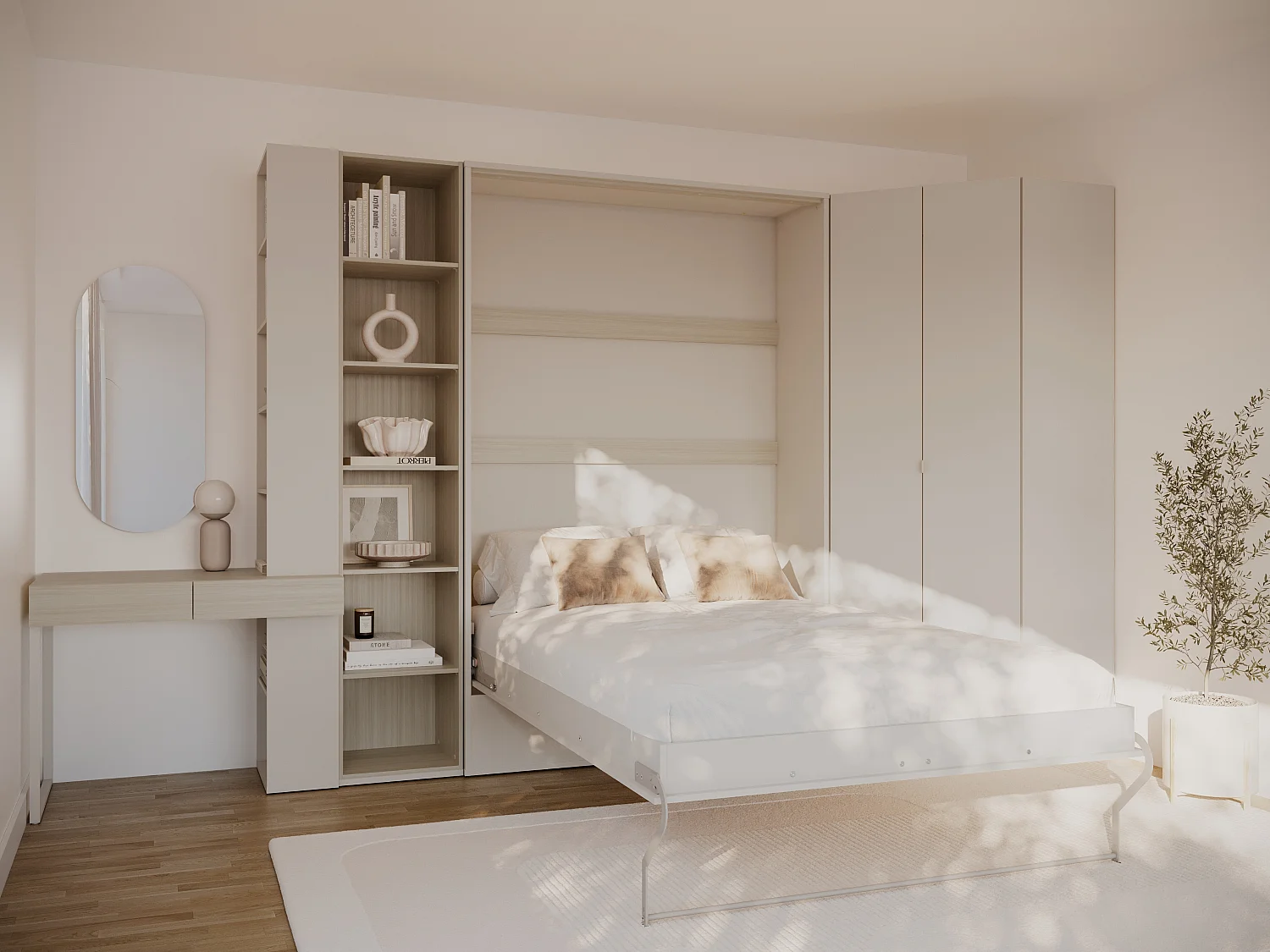 Lit escamotable vertical 140 x 200 cm - Avec coiffeuse, bibliothèque et armoire d'angle -  Beige et naturel - NILODIA