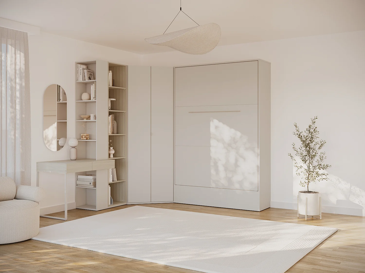Lit escamotable vertical 140 x 200 cm - Avec coiffeuse, bibliothèque et armoire d'angle -  Beige et naturel - NILODIA