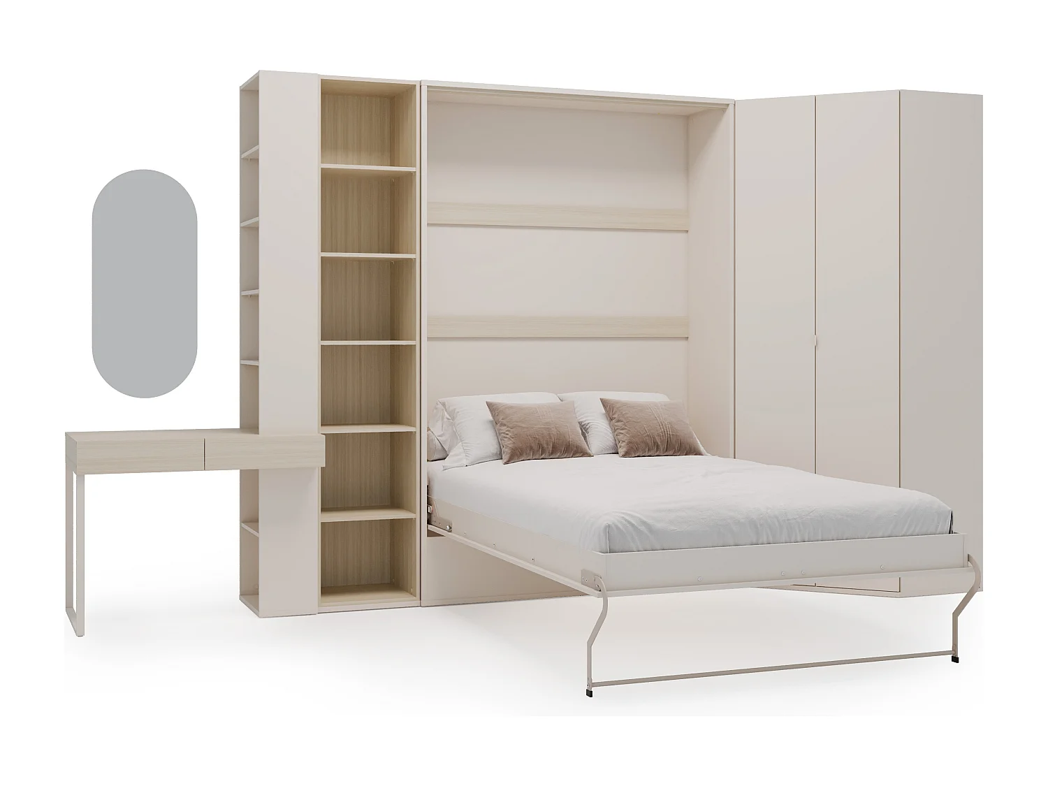 Lit escamotable vertical 140 x 200 cm - Avec coiffeuse, bibliothèque et armoire d'angle - Beige et naturel + Matelas - NILODIA