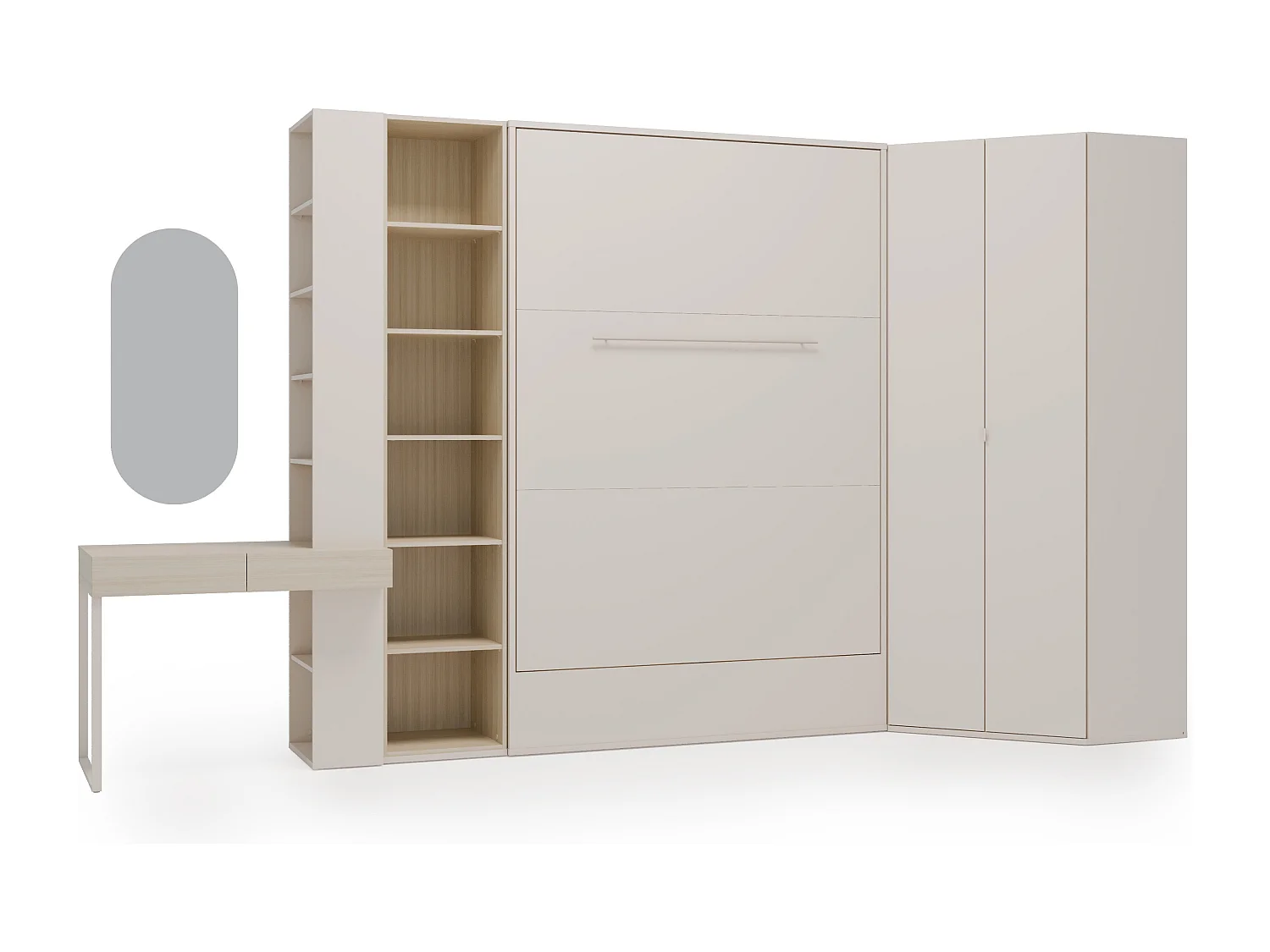 Lit escamotable vertical 140 x 200 cm - Avec coiffeuse, bibliothèque et armoire d'angle - Beige et naturel + Matelas - NILODIA
